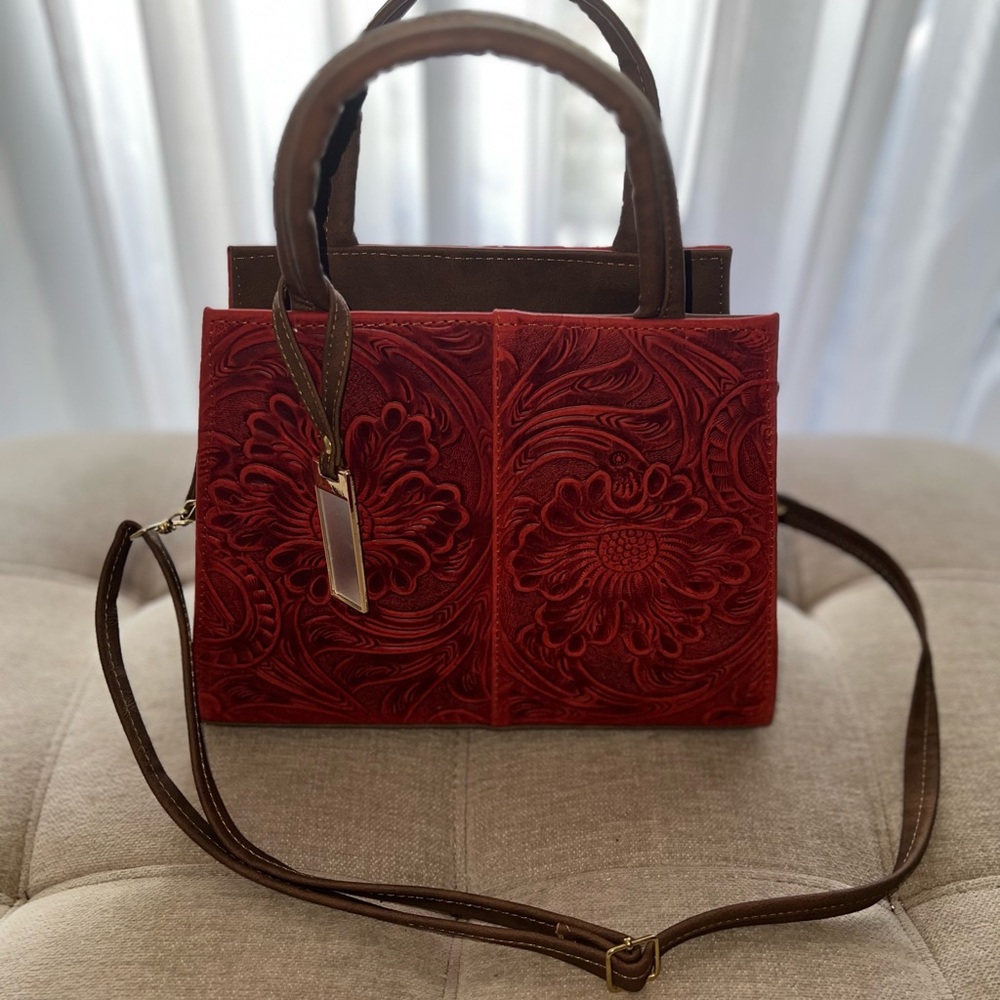 Elegant Red Floral Embossed Handbag